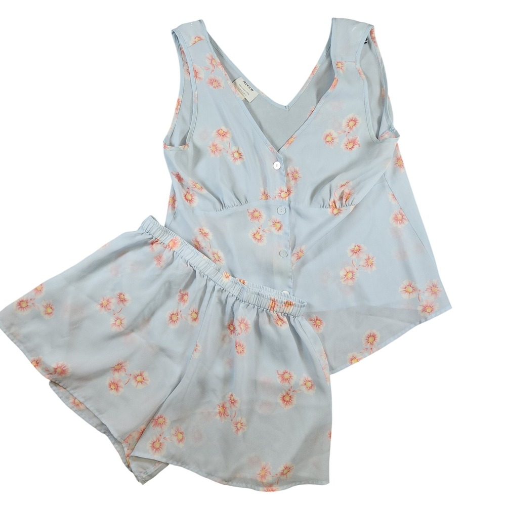 Preview Collection Lingerie Blue Floral Pajama Set Sleeveless Top Shorts Large